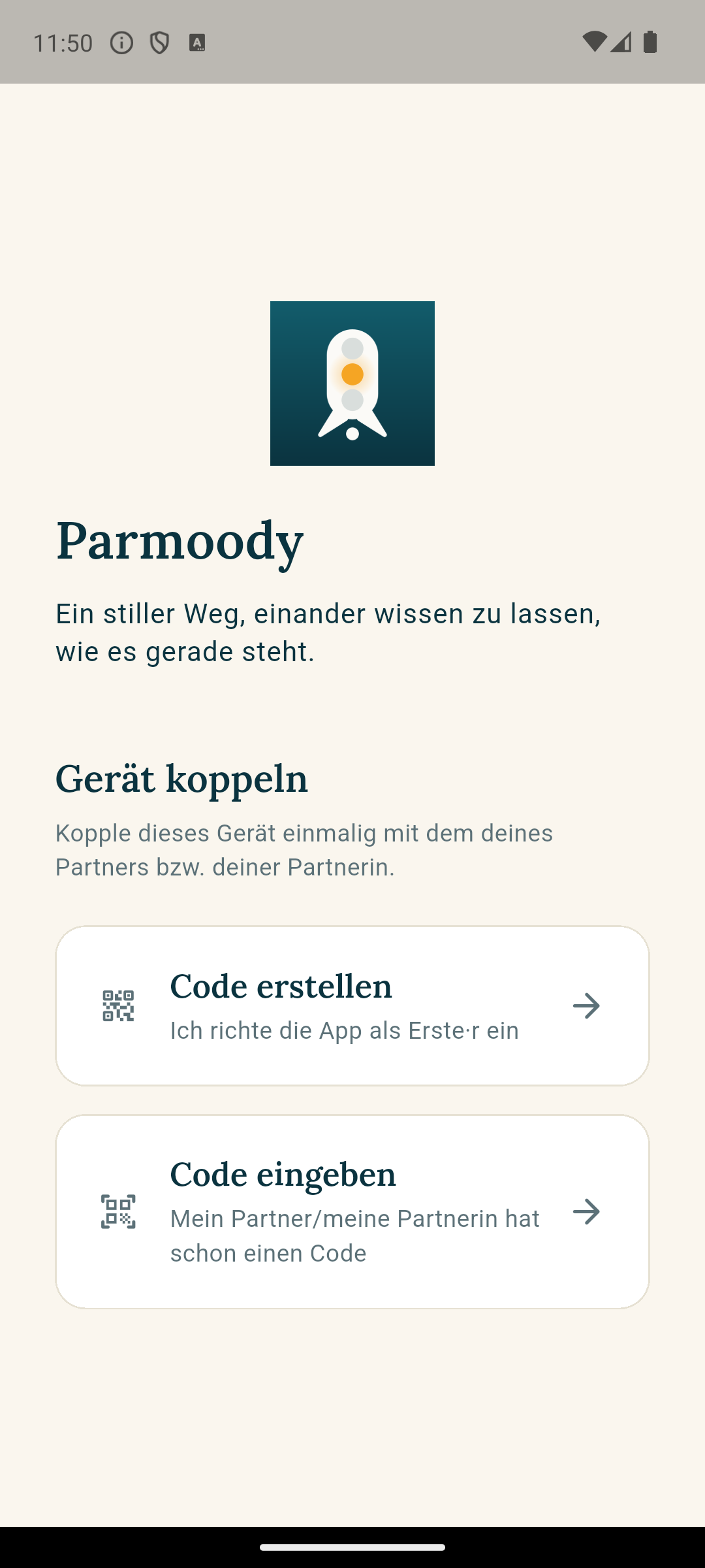 Willkommensbildschirm mit Kopplungsoptionen